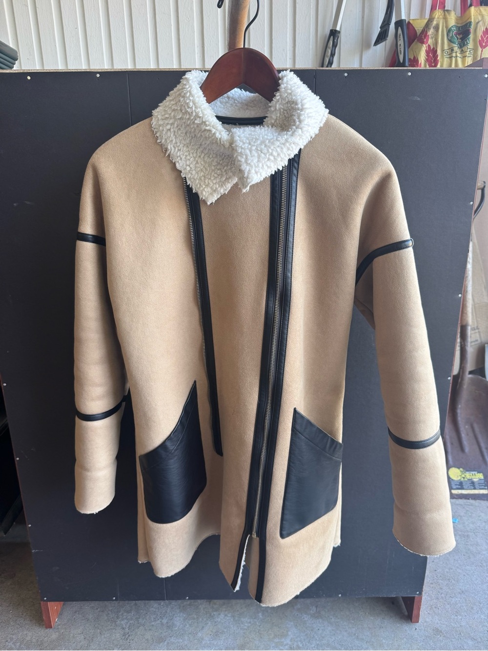 Women’s Tan Shearling-Trim Coat with Black Accents